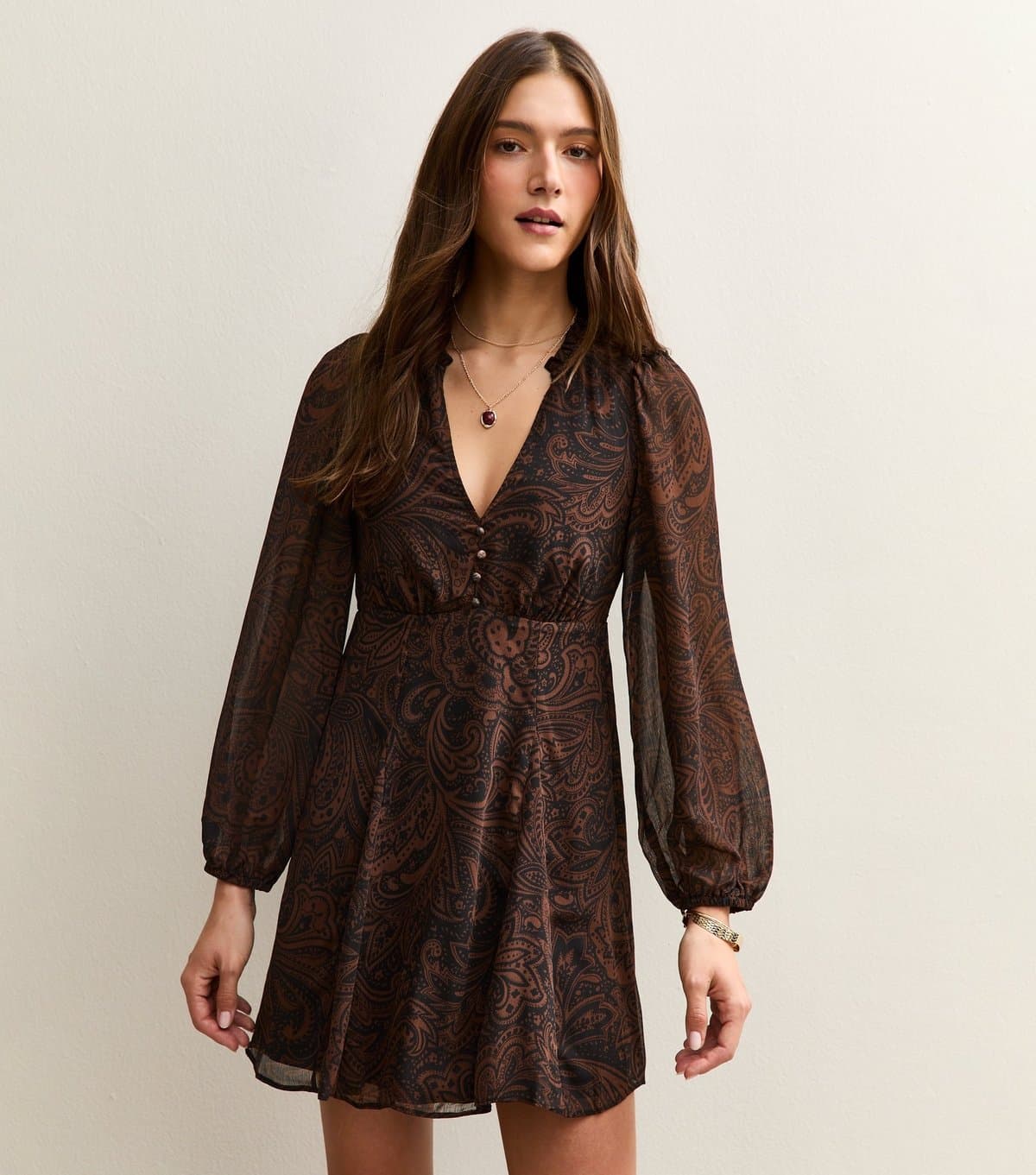 New Look Women's Brown Paisley Chiffon Mini Dress New Look