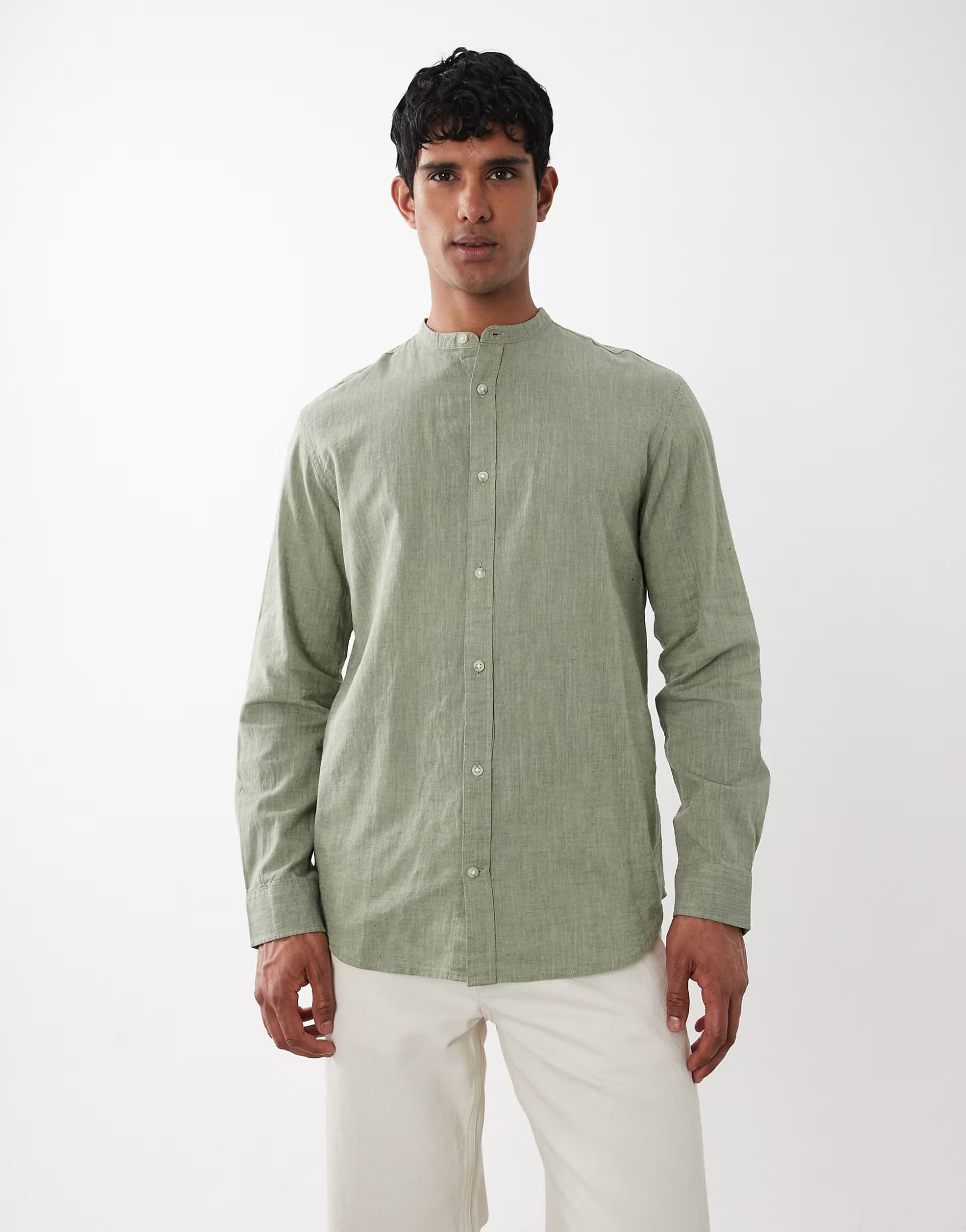 ASOS Jack & Jones linen mix granded collar shirt in sage green