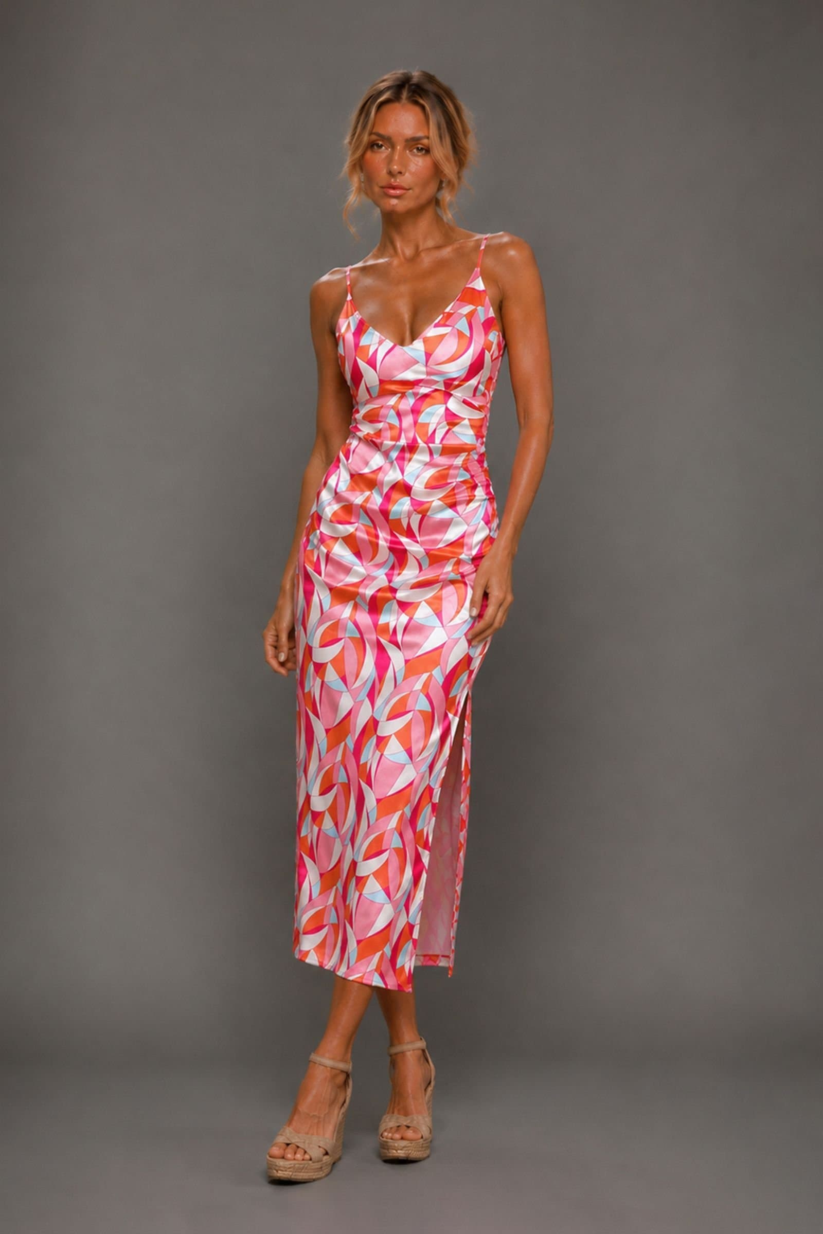 Vesper Vesper Women's Satin V Neck Midaxi Dress in Pink
