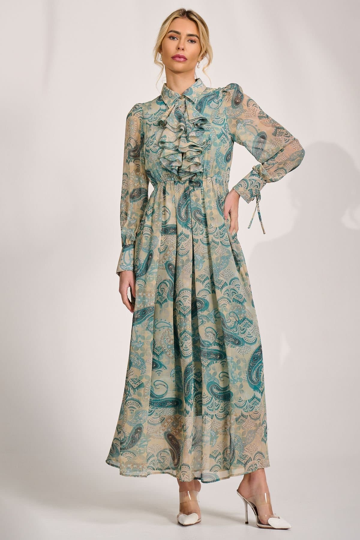 Jolie Moi Jolie Moi Women's Long Sleeve Ruffle Chiffon Shirt Maxi Dress in Teal