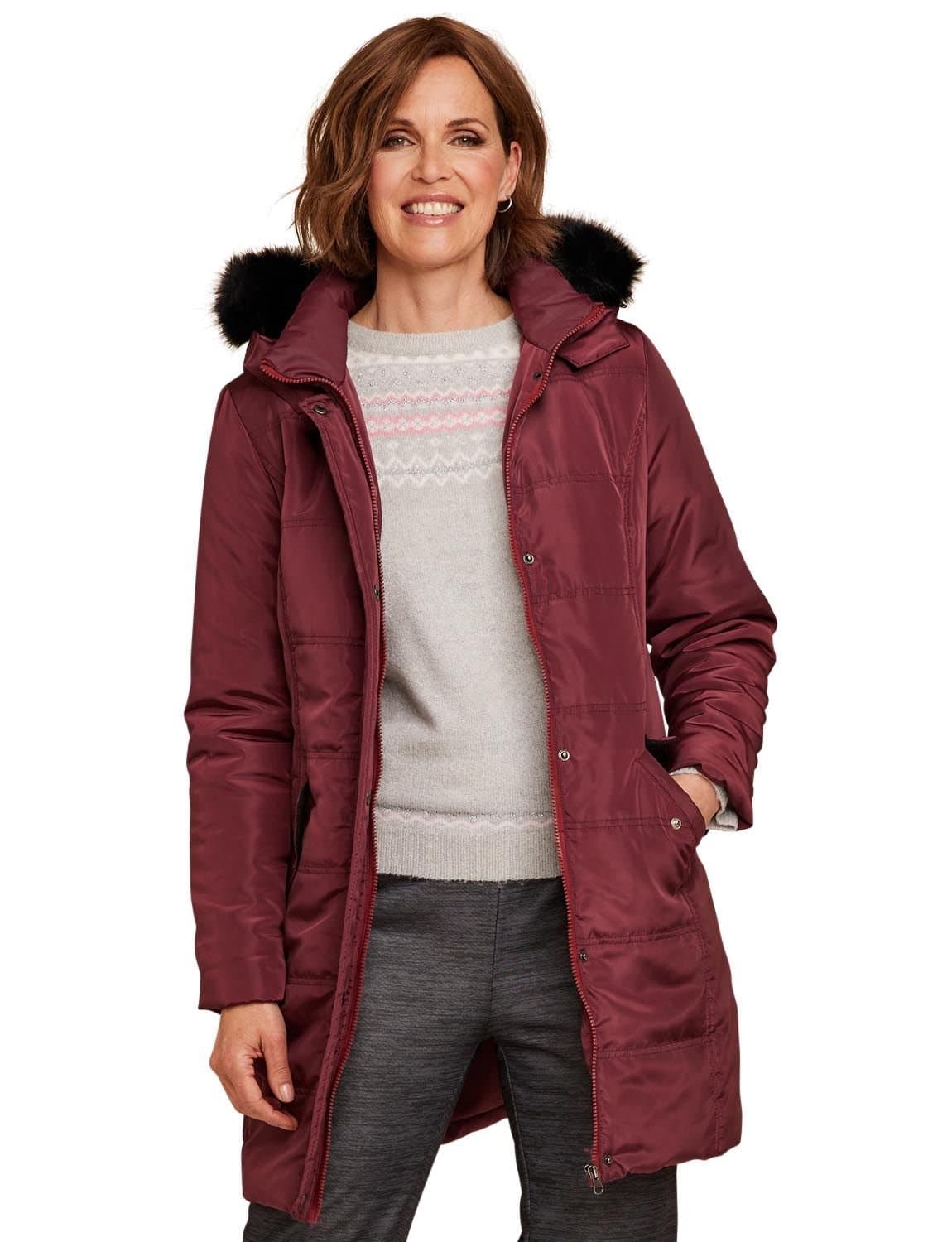 Amber Amber Women's Water Resistant Parka Style Jacket With Detachable Hood in Dark Red