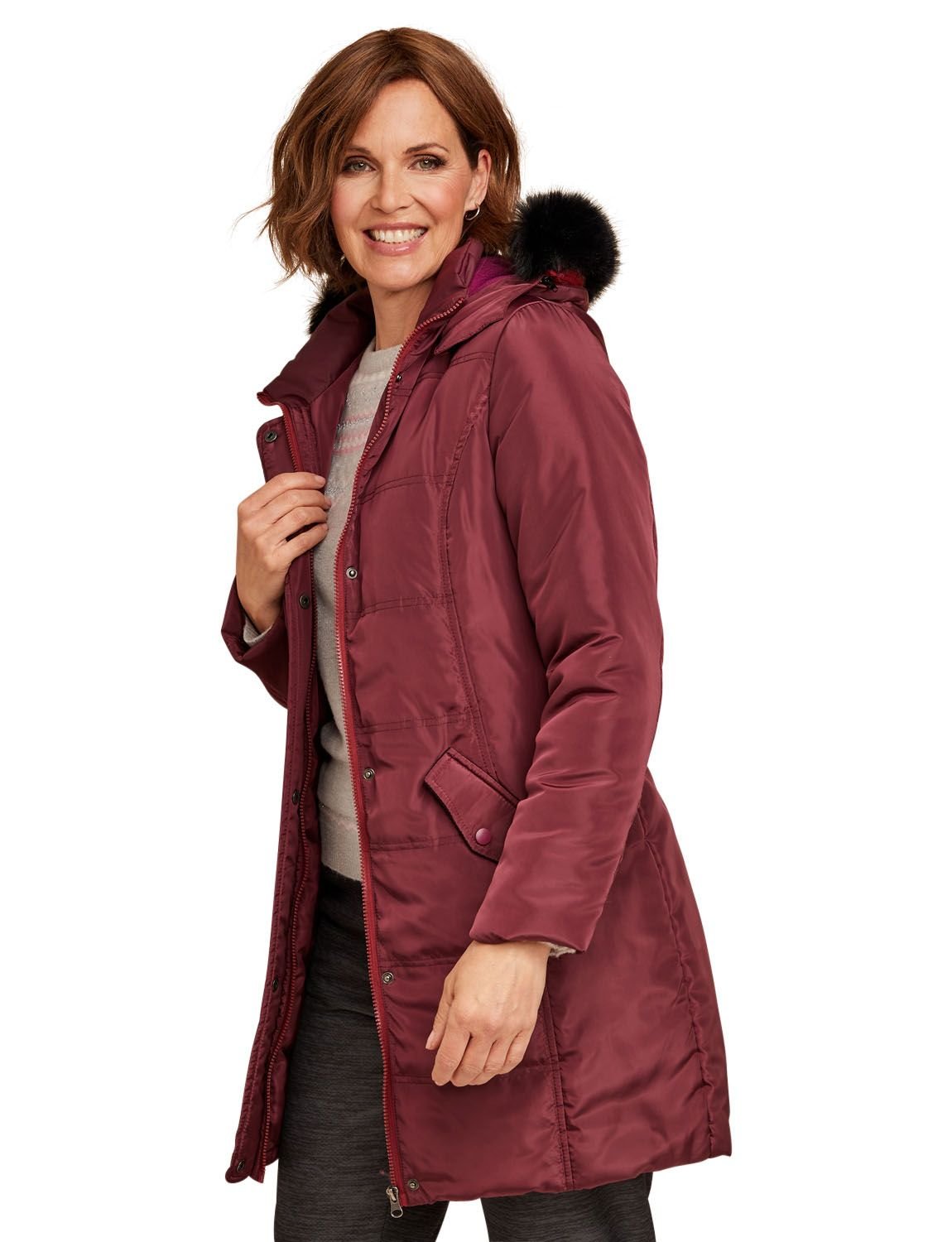 Amber Amber Women's Water Resistant Parka Style Jacket With Detachable Hood in Dark Red - 2