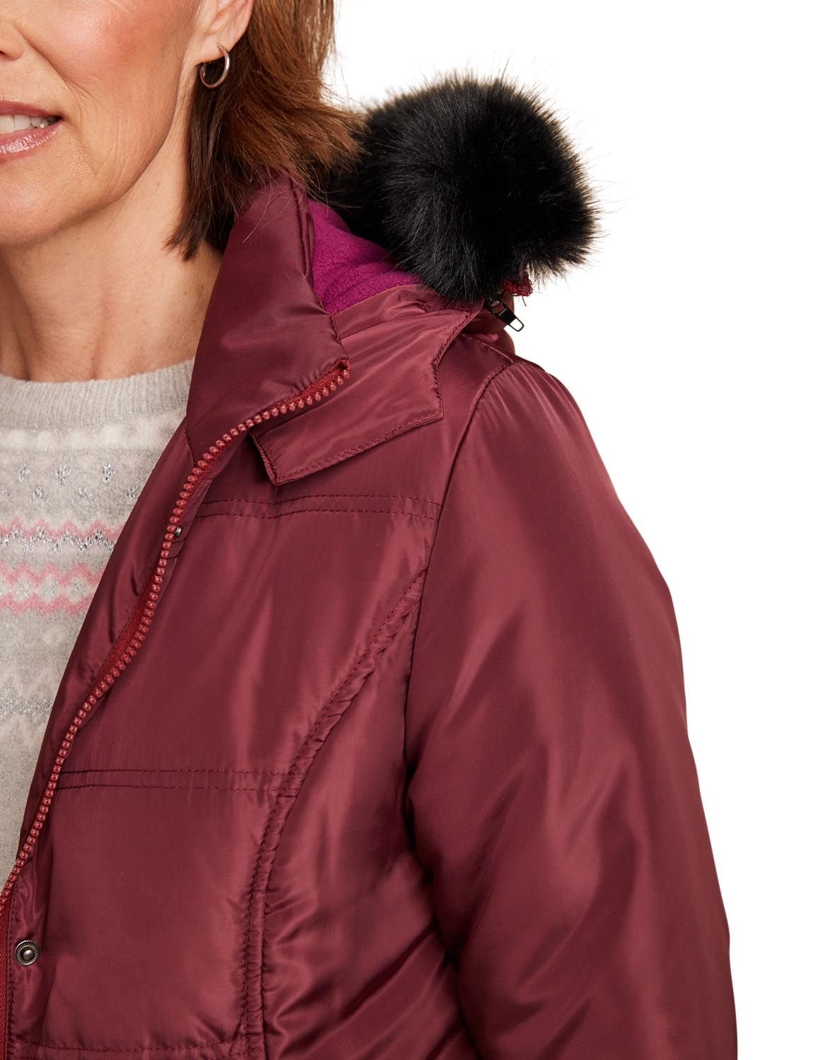 Amber Amber Women's Water Resistant Parka Style Jacket With Detachable Hood in Dark Red - 3