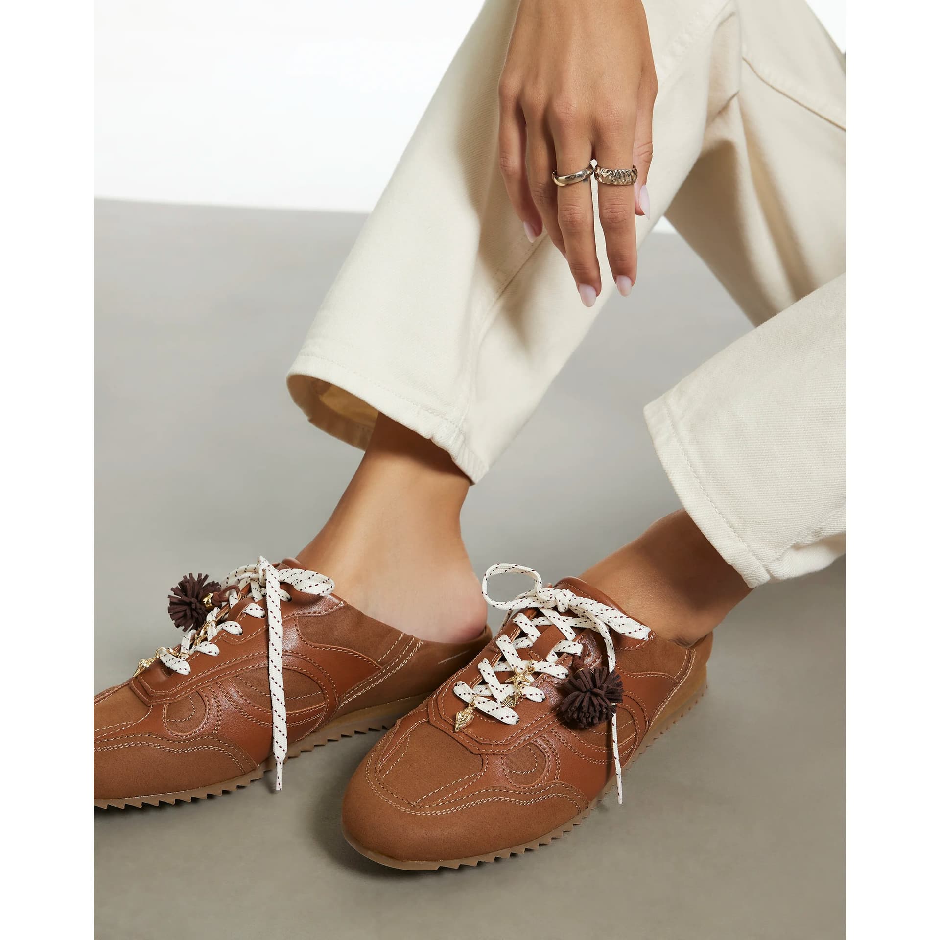 River Island River Island Womens Brown Pom Pom Charm Mule Trainers