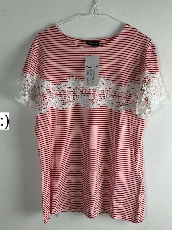 Taifun Taifun 14 t-Shirt red white stripe lace new £60 women’s  bnwt