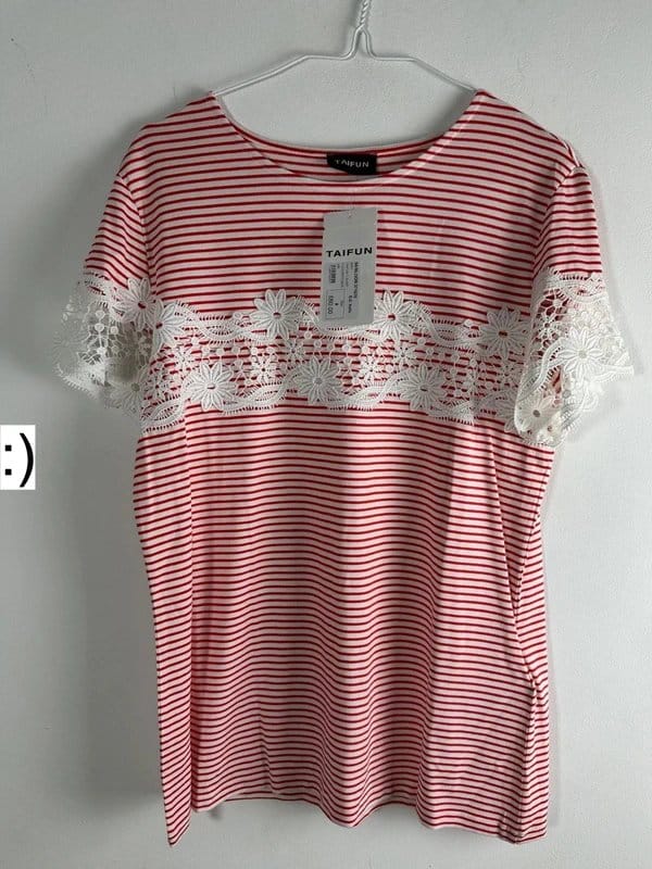 Taifun Taifun 14 t-Shirt red white stripe lace new £60 women’s bnwt - 1