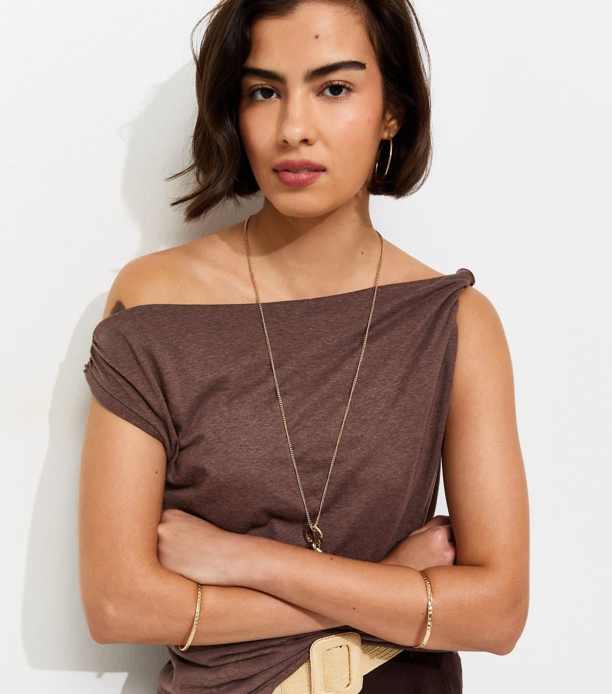 New Look Women's Dark Brown Textured Twist Shoulder Top New Look