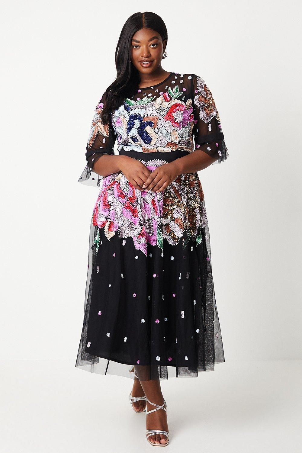 Coast Coast Women's Plus Hand Embellished Mesh Midi Dress With Short Sleeve in Black - 2