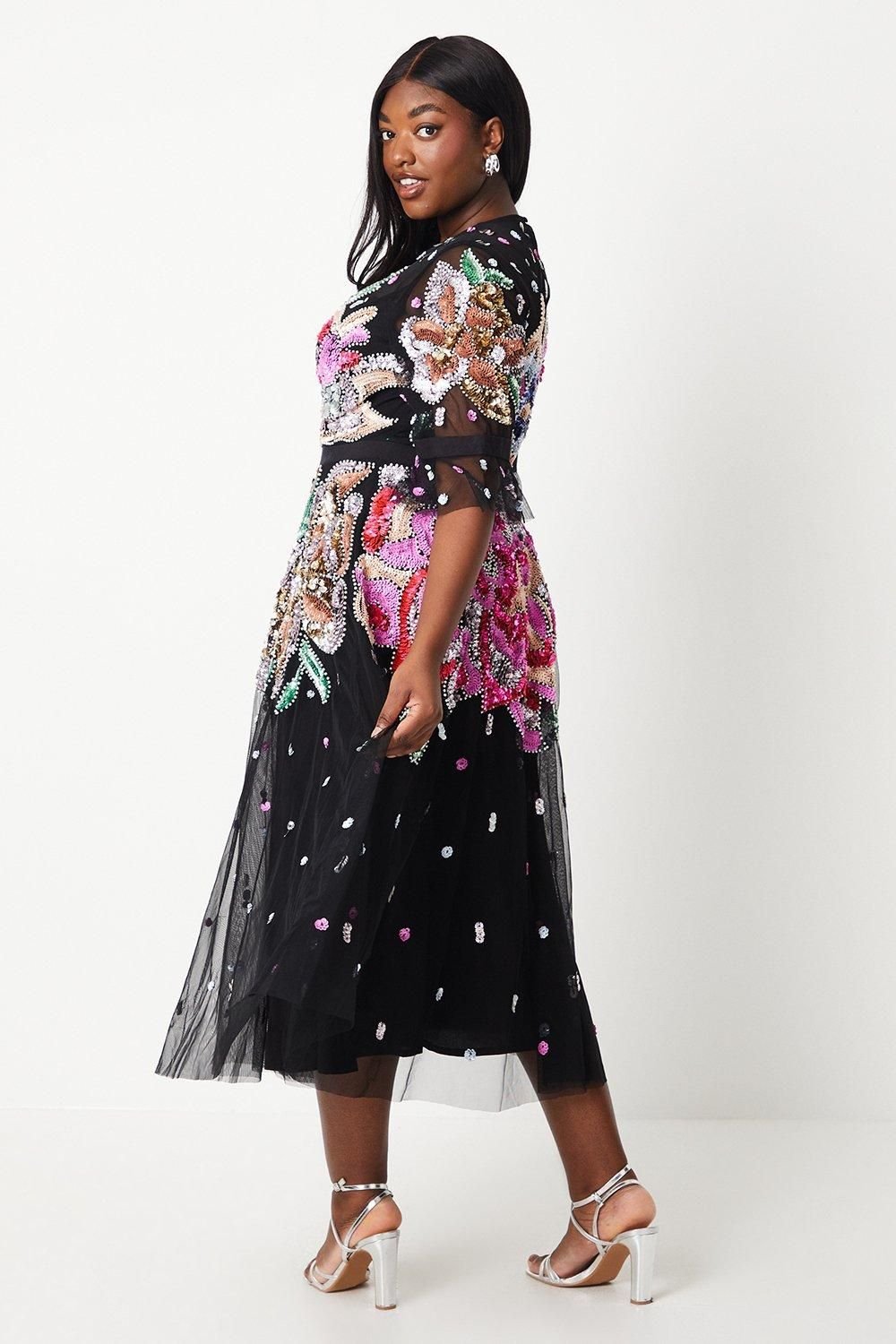 Coast Coast Women's Plus Hand Embellished Mesh Midi Dress With Short Sleeve in Black - 3