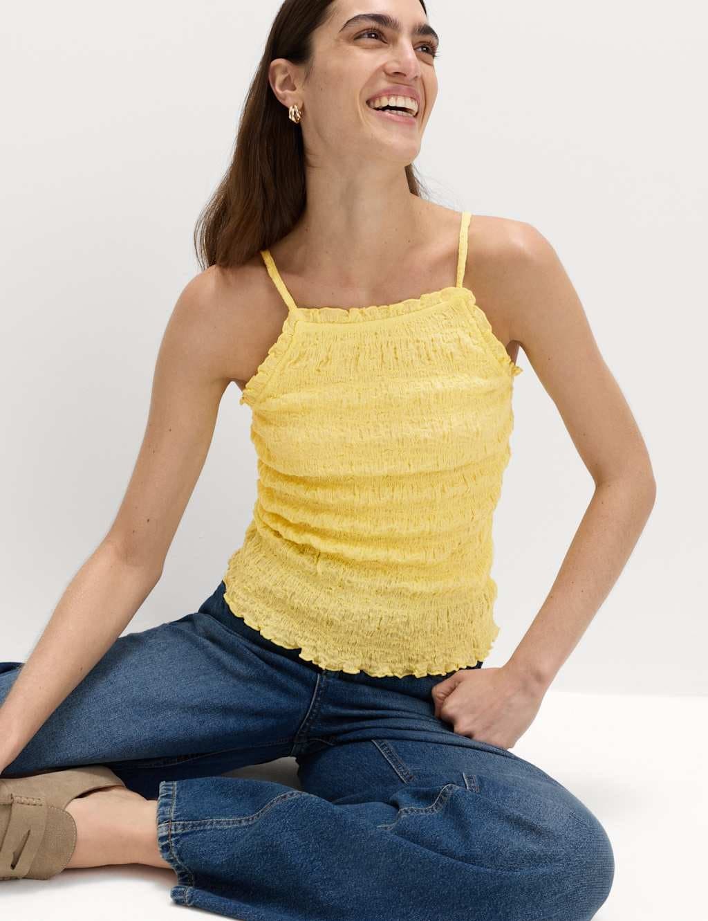 Marks & Spencer M&S Cotton Rich Textured Square Neck Cami Top Pale Yellow