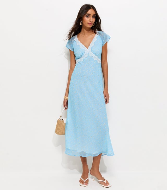 New Look Women's Blue Rose Print Lace Trimmed Chiffon Midi Dress New Look - 3