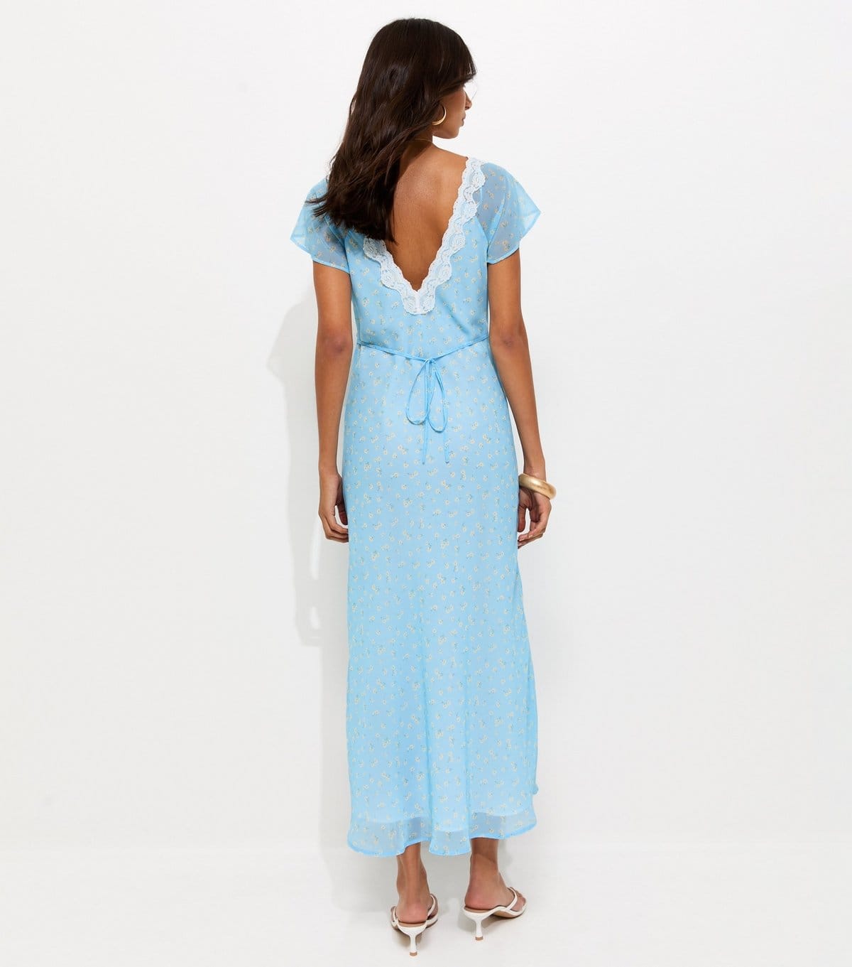 New Look Women's Blue Rose Print Lace Trimmed Chiffon Midi Dress New Look - 4