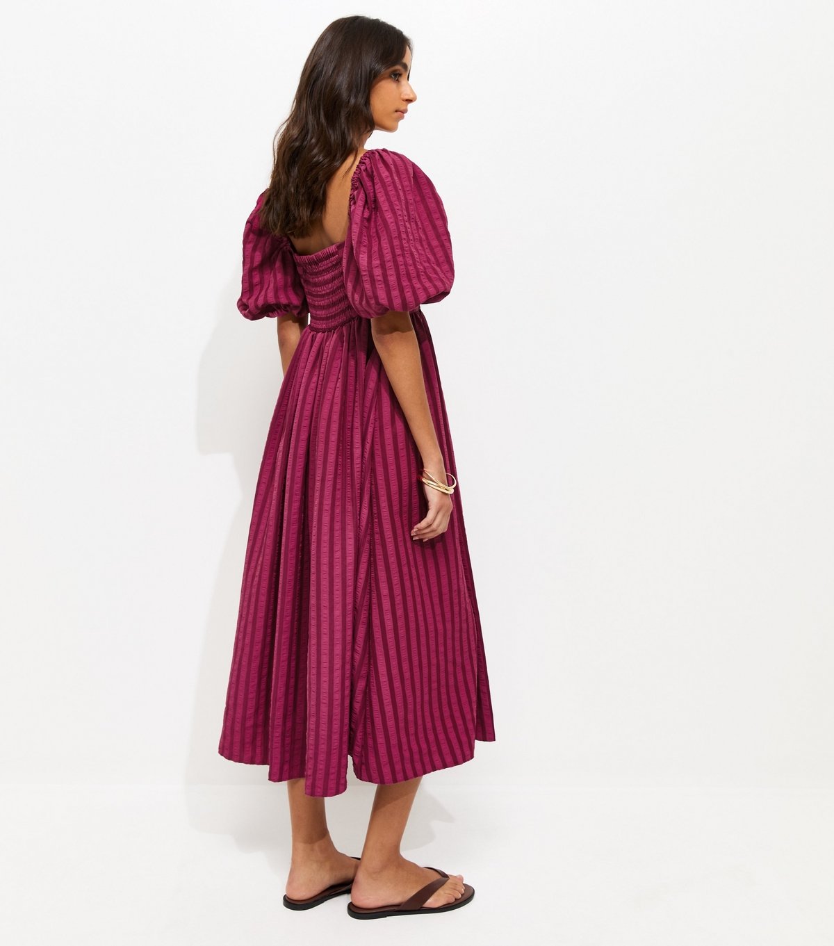 New Look Women's Dark Pink Puff Sleeve Striped Midi Dress New Look - 4