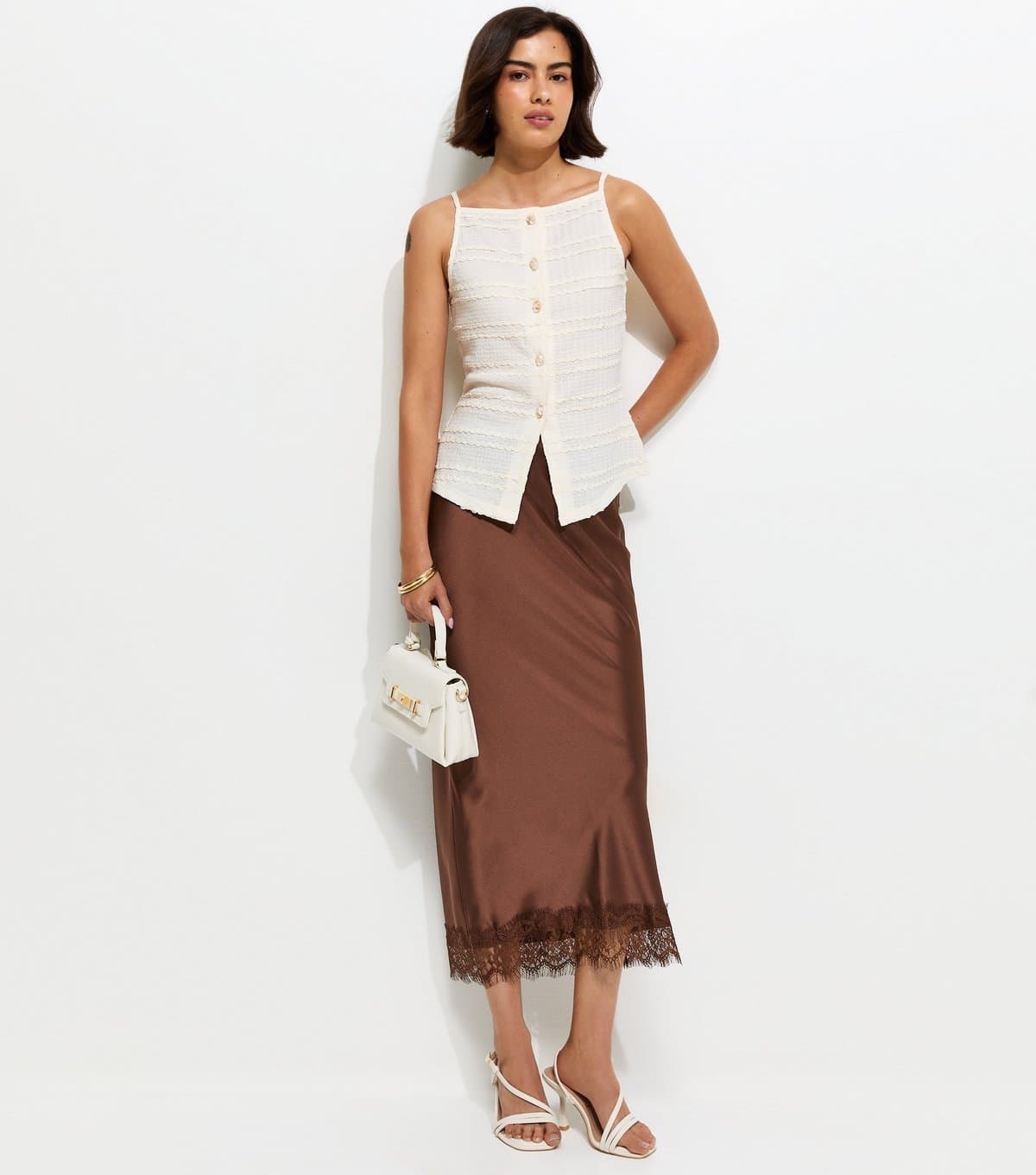 New Look Women's Dark Brown Satin Lace Hem Midi Skirt New Look