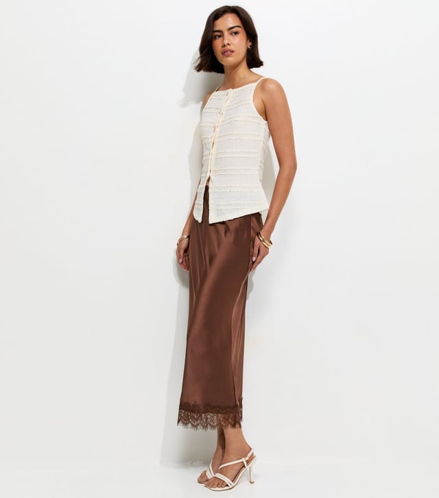 New Look Women's Dark Brown Satin Lace Hem Midi Skirt New Look - 3
