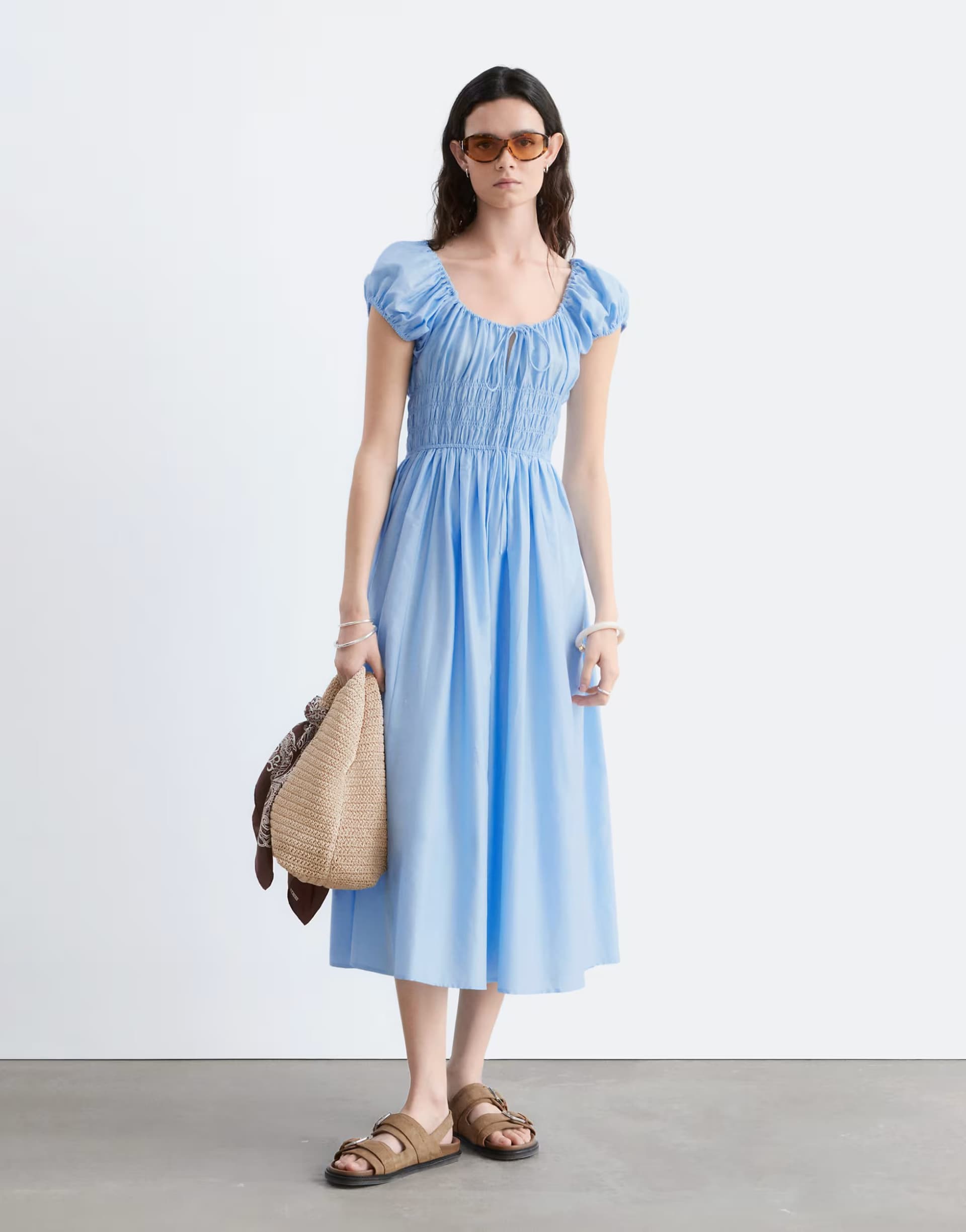 ASOS & Other Stories pure cotton short sleeve scoop neck midi dress in blue
