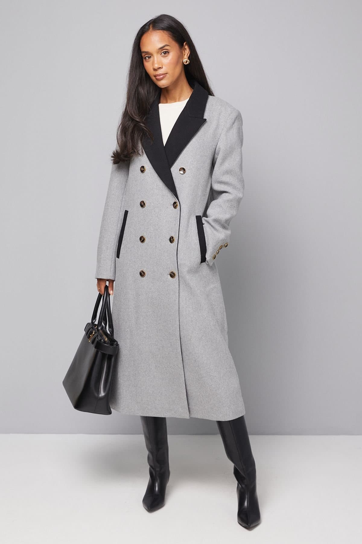 Wallis Wallis Women's Contrast Collar & Pocket Detail Coat in Grey
