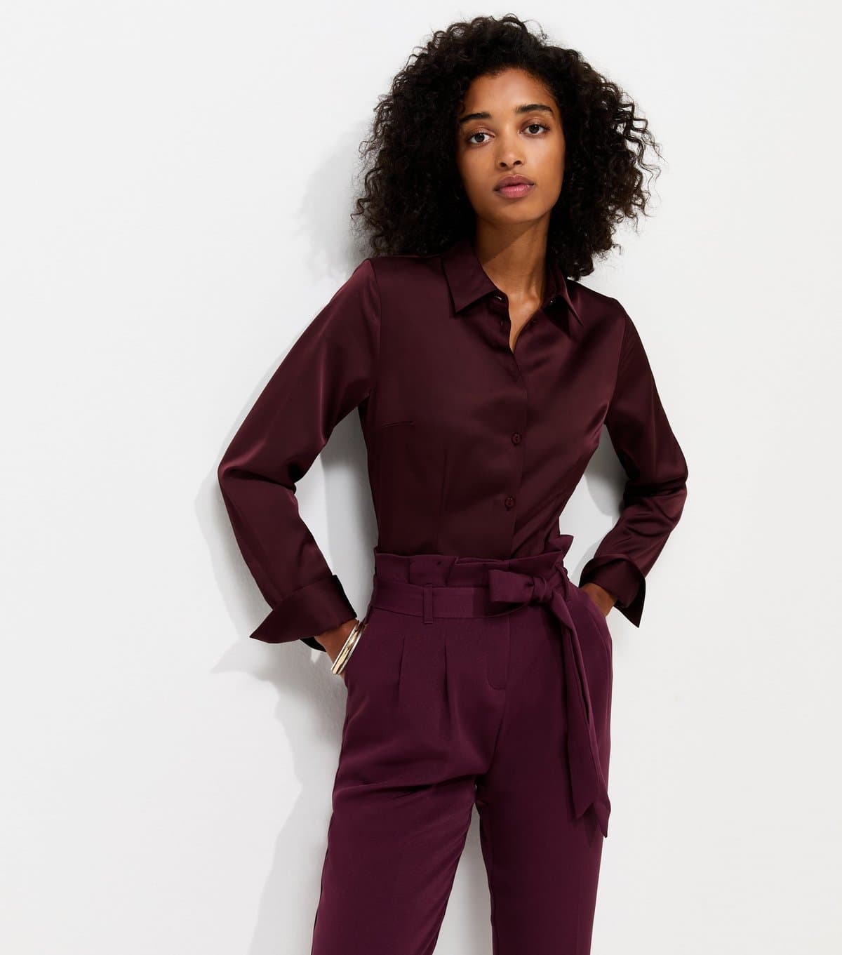 New Look Women's Dark Burgundy Paperbag Waist Tie Front Trousers New Look