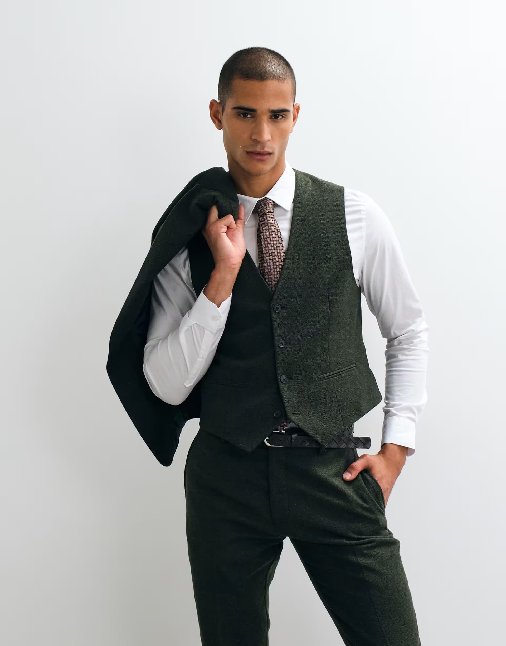 ASOS ASOS DESIGN slim herringbone suit waistcoat with wool in dark green