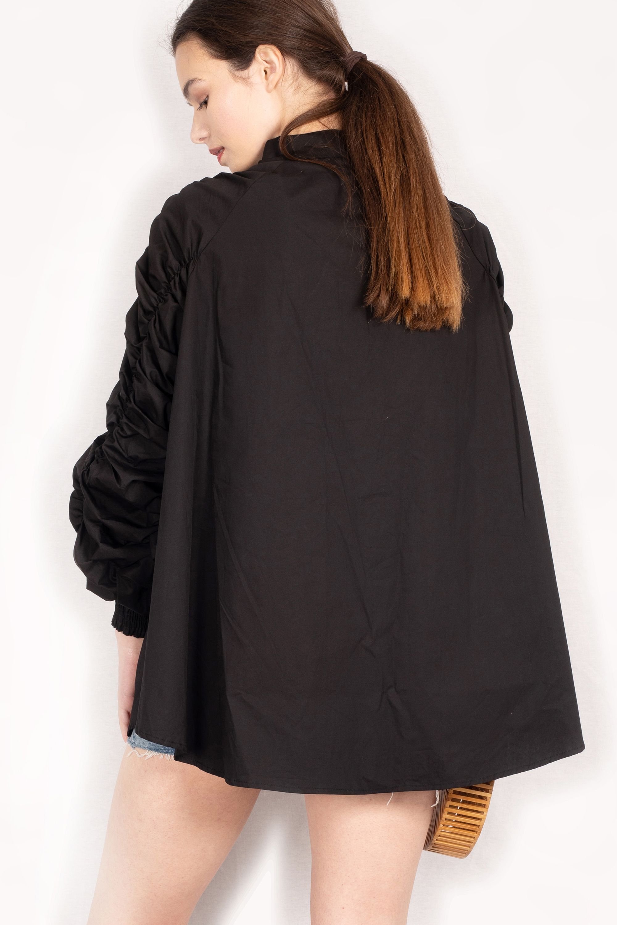 CY CY Women's Cotton Shirt With Ruched Sleeve In Black - 4