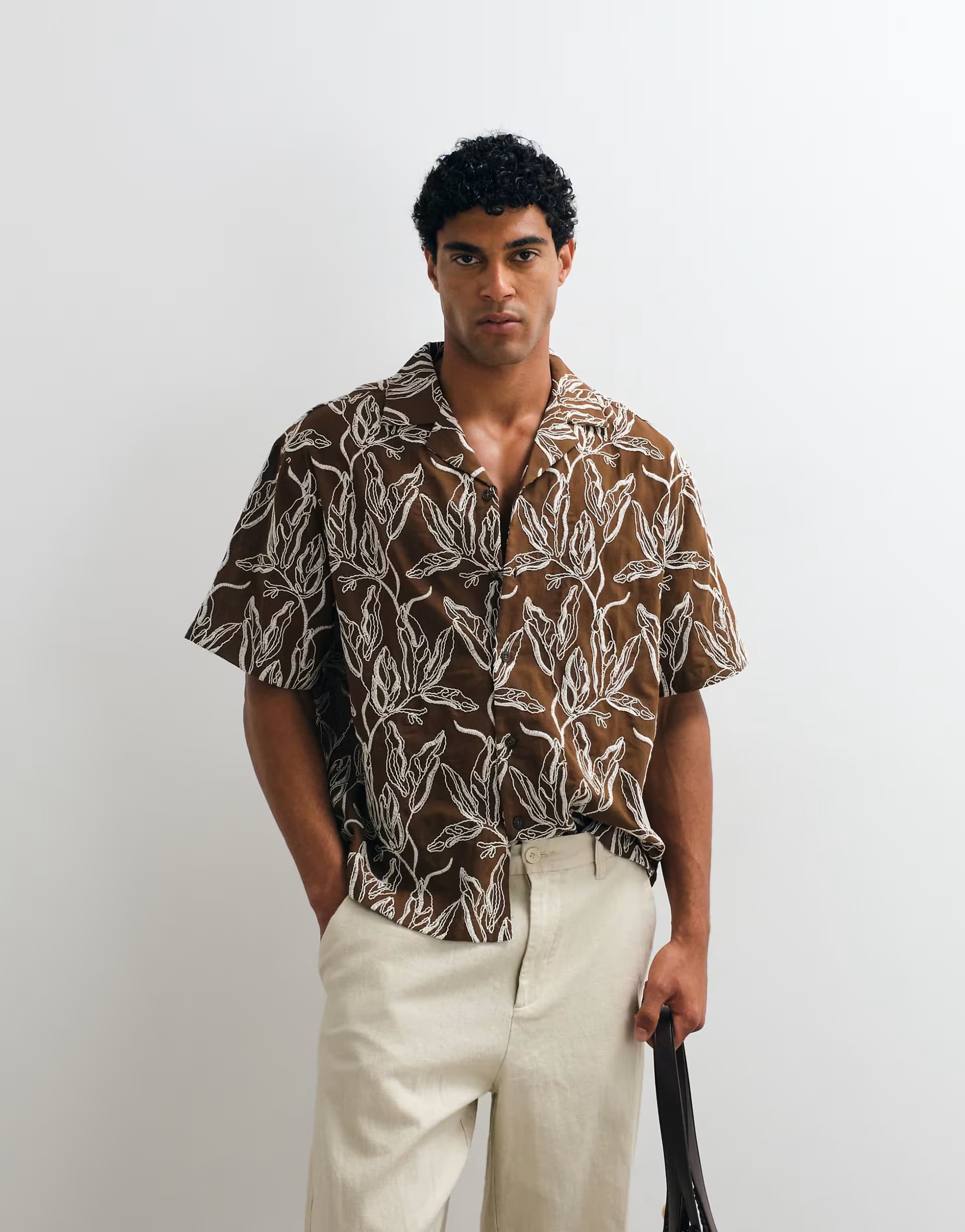 ASOS ASOS DESIGN oversized shirt with all over embroidery in brown