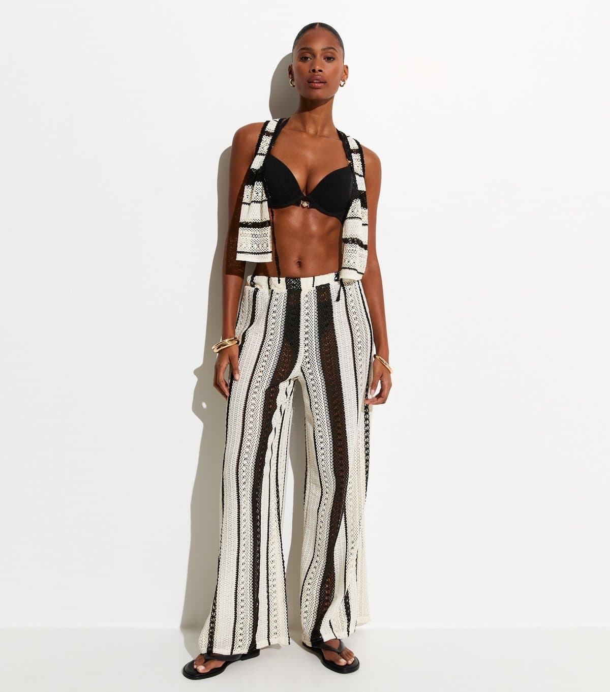 New Look Women's Cream Striped Crochet Beach Trousers New Look