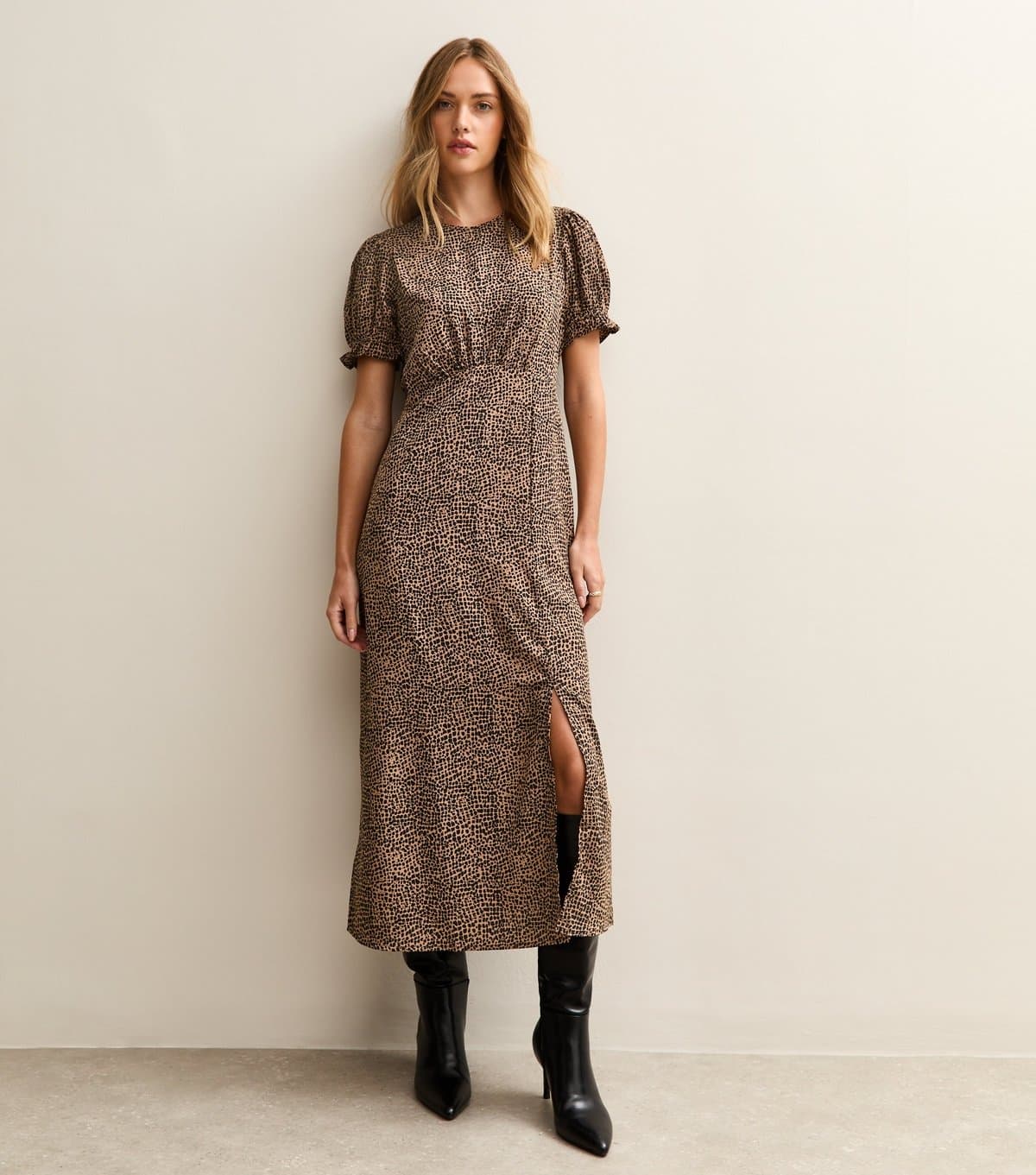 New Look Women's Brown Animal Print Puff Sleeve Midi Dress New Look