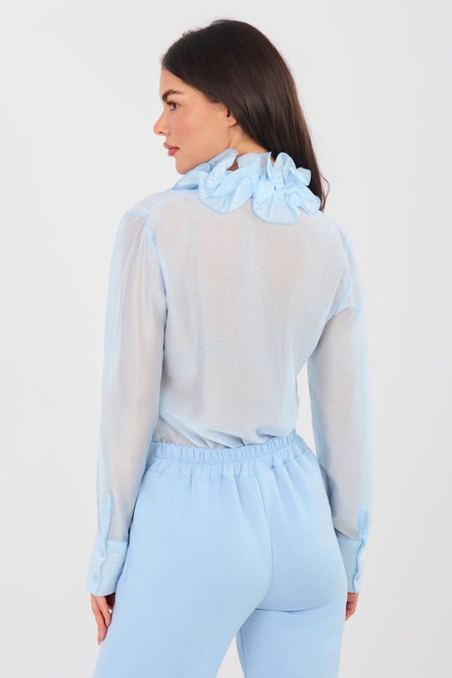 Love Lace Love Lace Women's Sheer Long Sleeve Shirt with Jabot Detail in Blue - 3