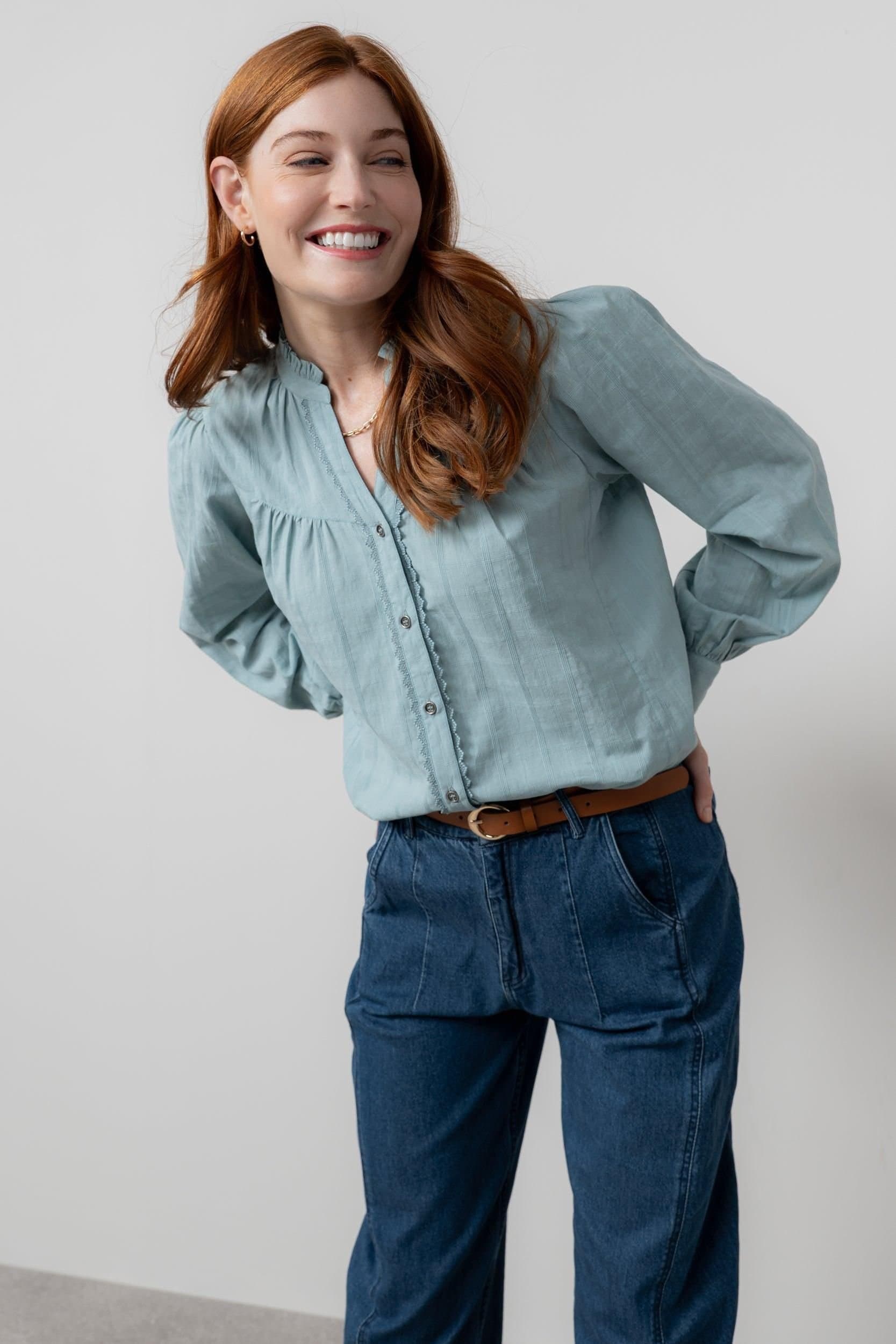 Lily & Me Lily & Me Mid Blue Textured Jacquard Blouse