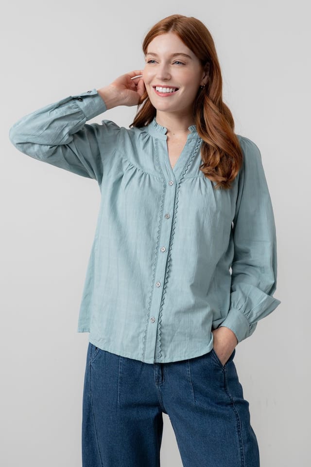 Lily & Me Lily & Me Women's Wayfaring Textured Jacquard Full Button Long Sleeve Blouse in Mid Blue - 2