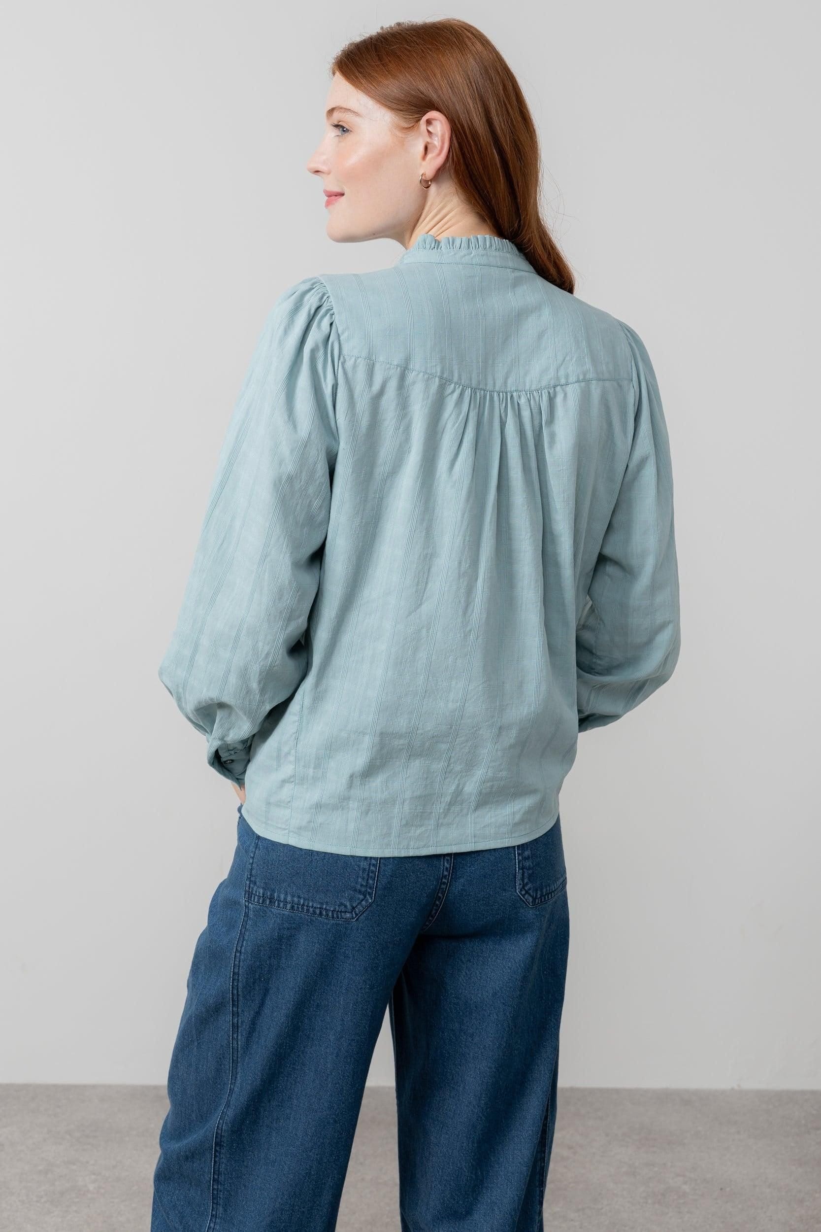 Lily & Me Lily & Me Women's Wayfaring Textured Jacquard Full Button Long Sleeve Blouse in Mid Blue - 4