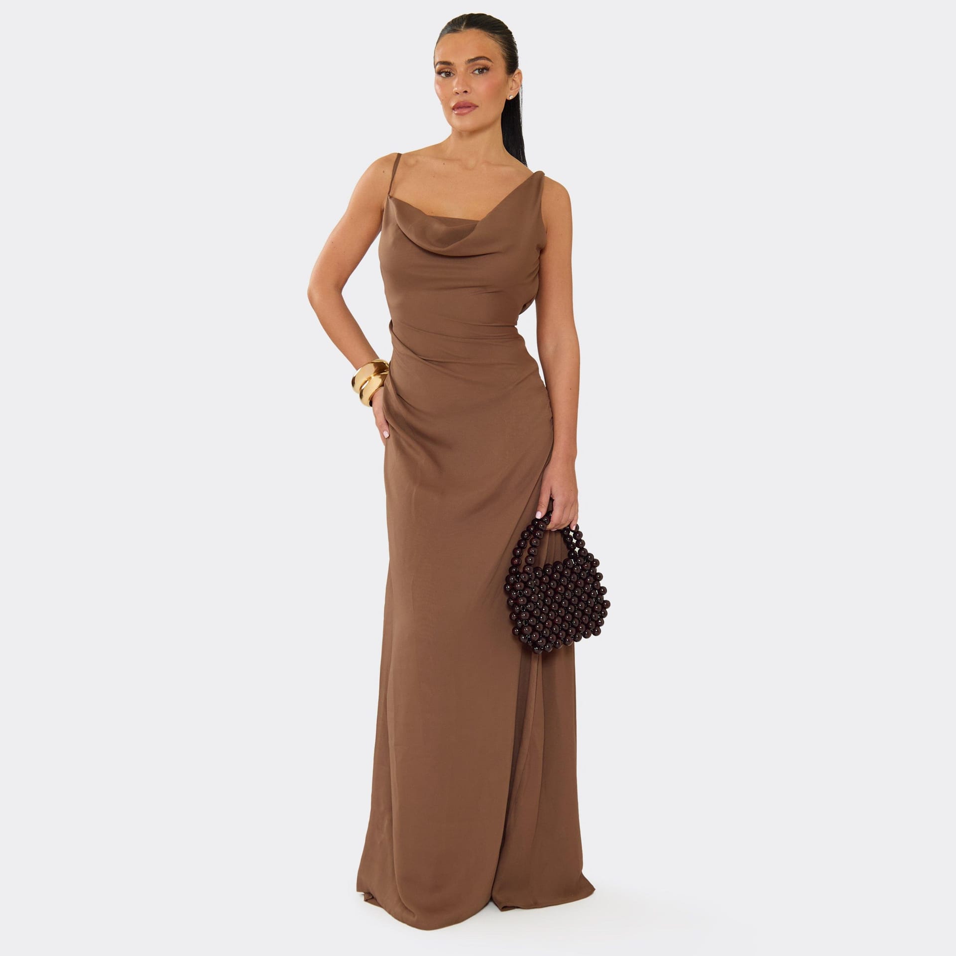 EGO Chocolate Brown Chiffon Cowl Neck Maxi Dress