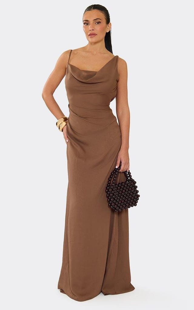 EGO Cowl Neck Maxi Dress In Chocolate Brown Chiffon, Women's Size UK 6 - 2