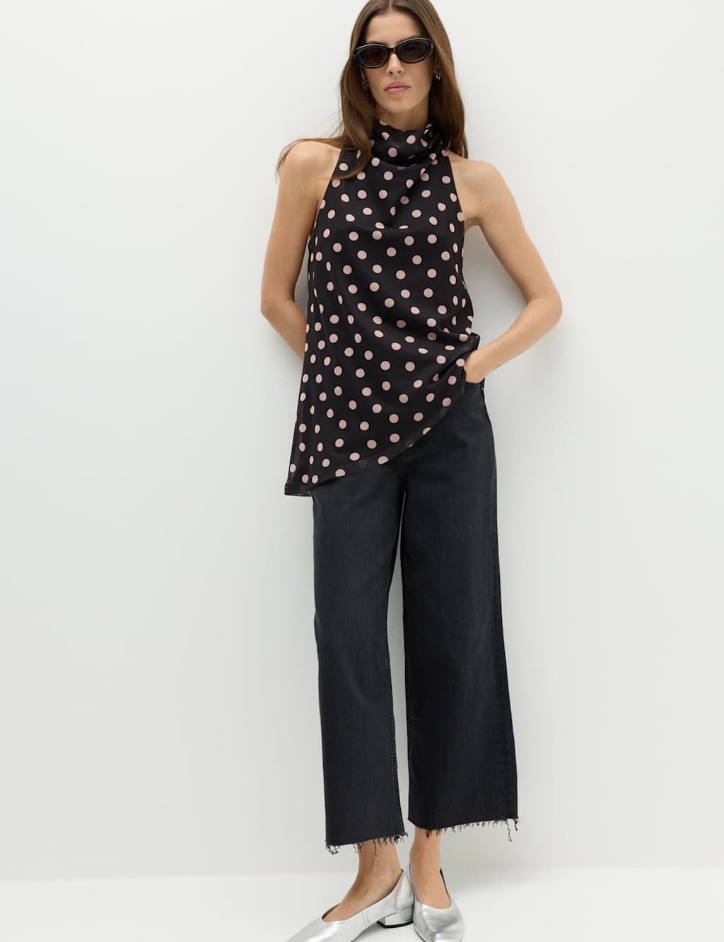 Marks & Spencer M&S Mesh Polka Dot Cowl Neck Asymmetric Drape Vest Black Mix