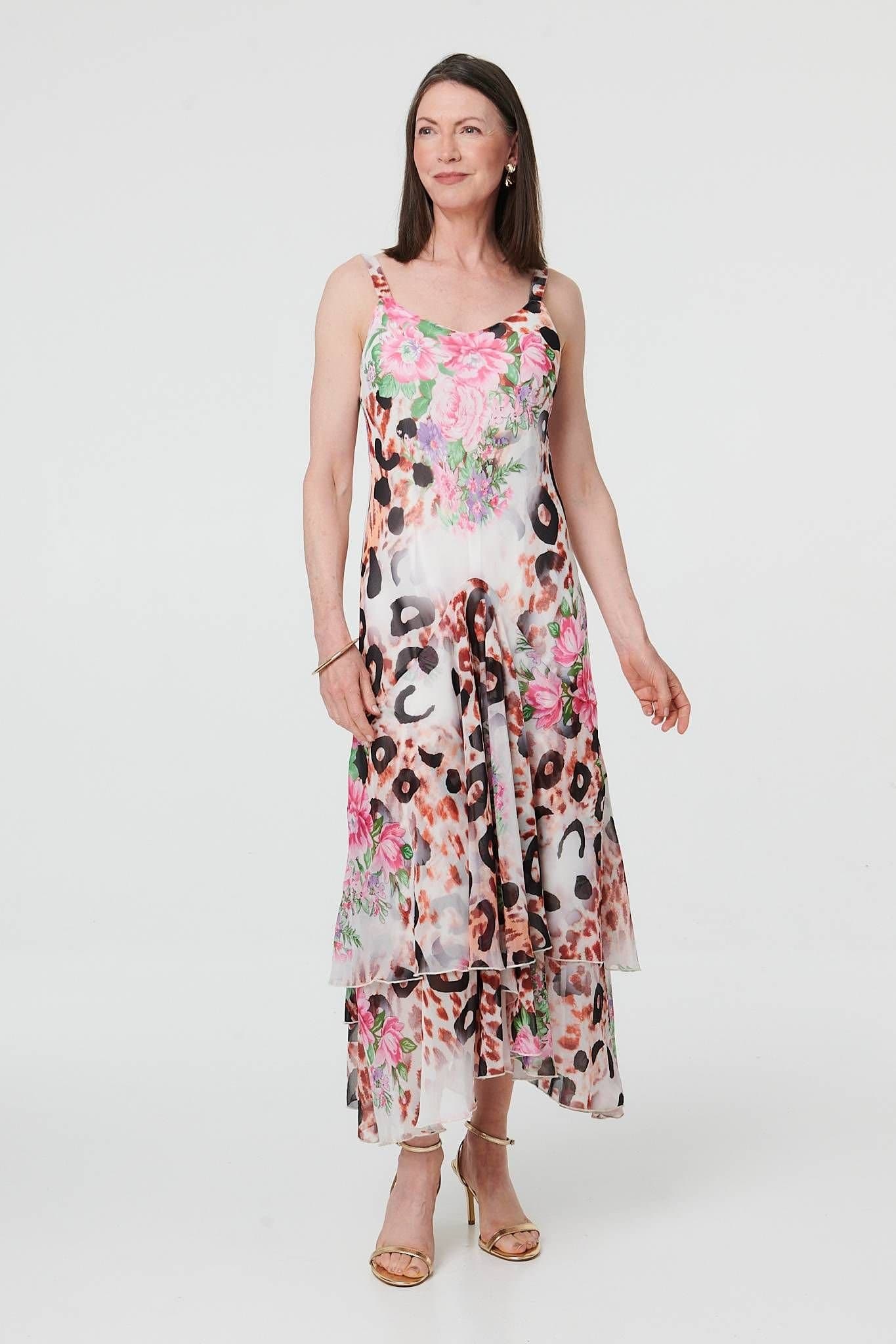 Izabel London Izabel London Women's Animal Print Sleeveless Layer Maxi Dress in Pink