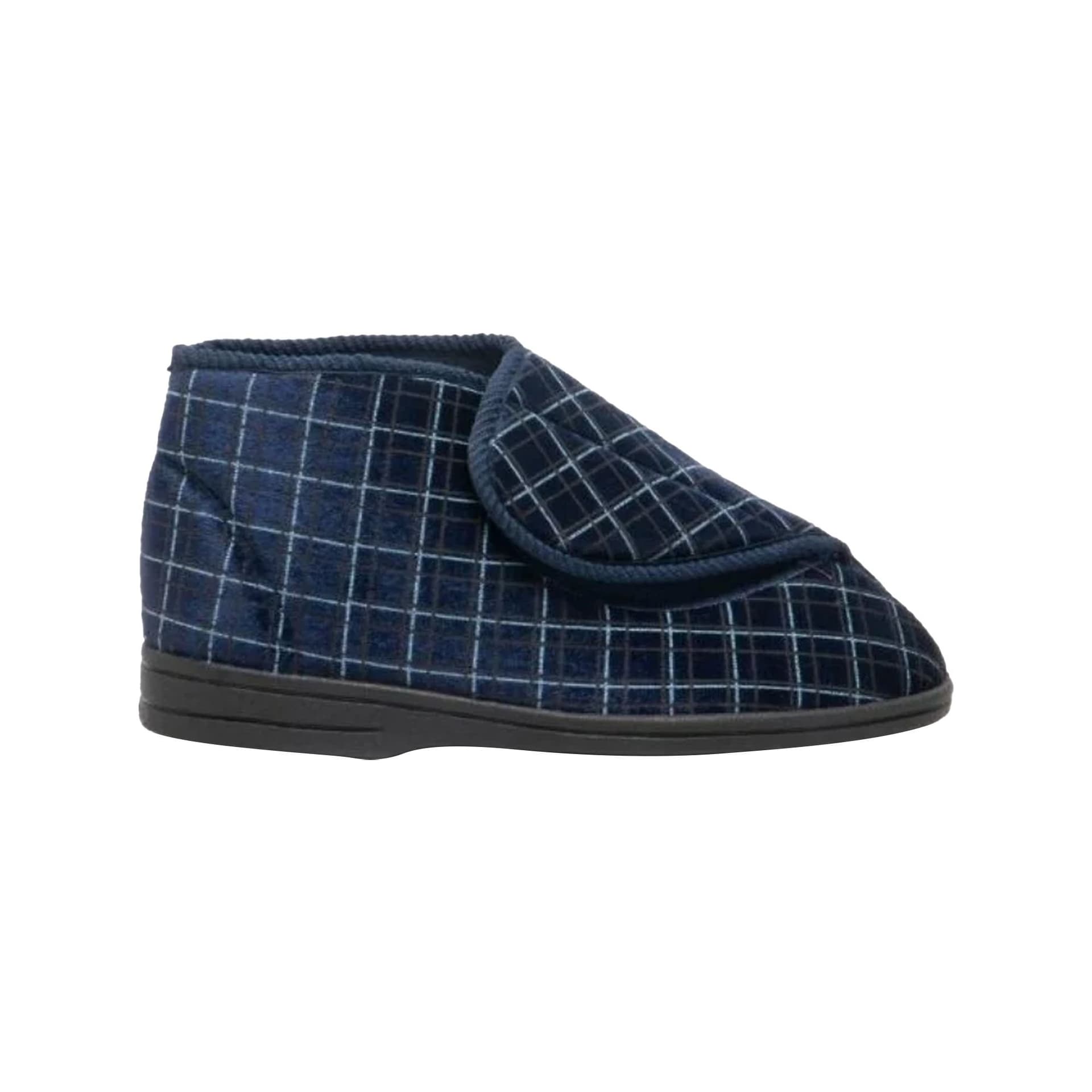 Zedzzz Zedzzz Men's Bertie Check Velour Touch Fastening Bootee Slippers in Navy