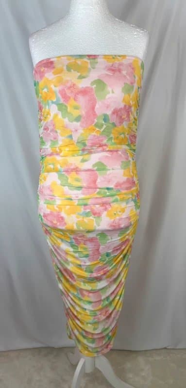 ONLY UK 14 16 Only Tall Coral Blush Yellow Floral Ruched Bandeau Mesh Midi Dress Occasion