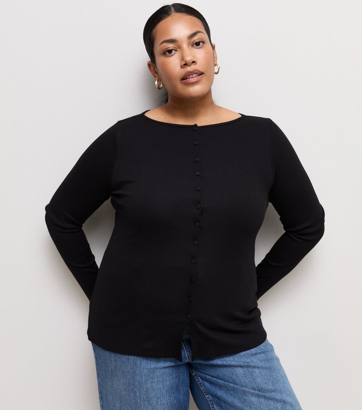 New Look Women's Plus Size Black Cotton Rich Long Sleeve Button Front Top Curves New Look