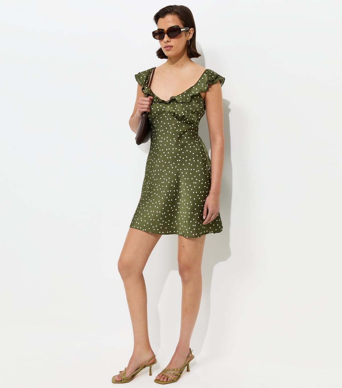 New Look Women's Green Satin Polka Dot Ruffled Strap Mini Dress New Look
