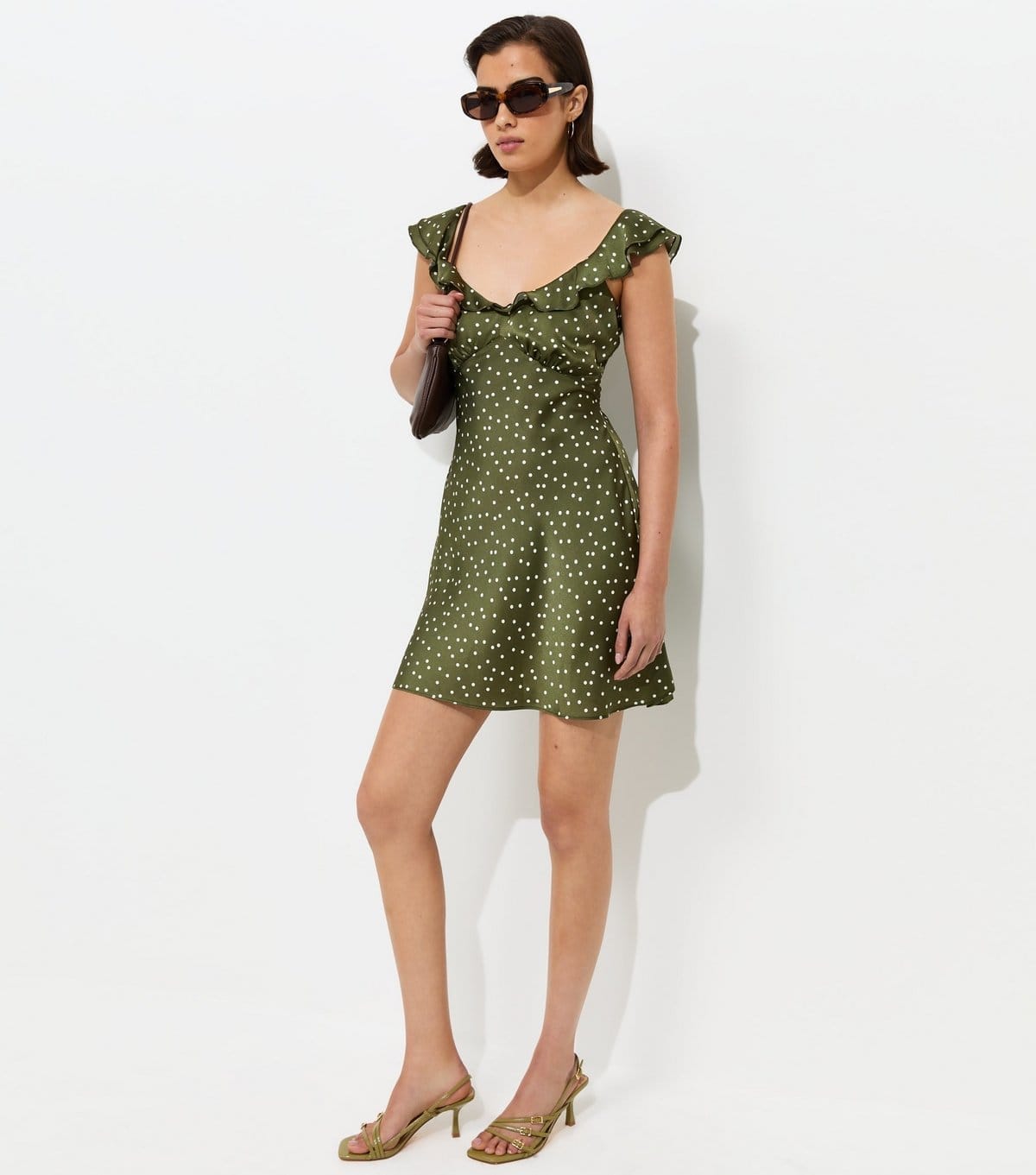New Look Polka Dot Green Satin V-Neck Ruffled Strap Mini Dress