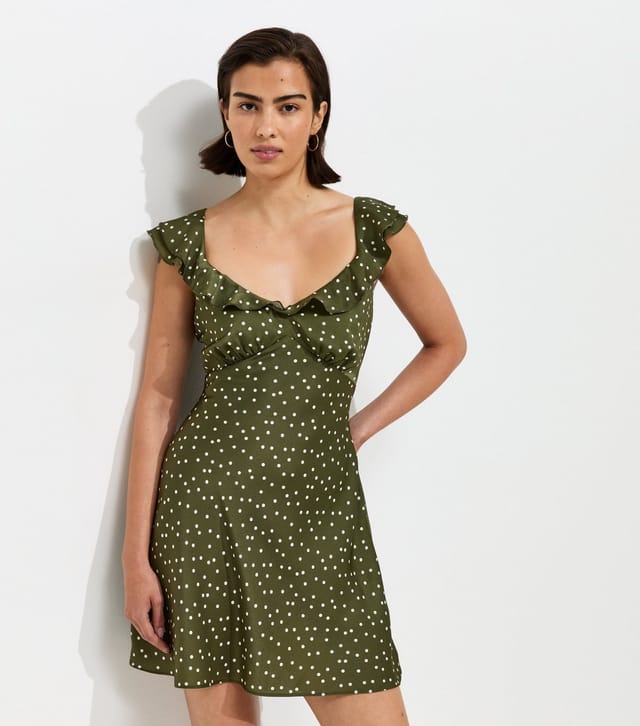 New Look Women's Green Satin Polka Dot Ruffled Strap Mini Dress New Look - 2