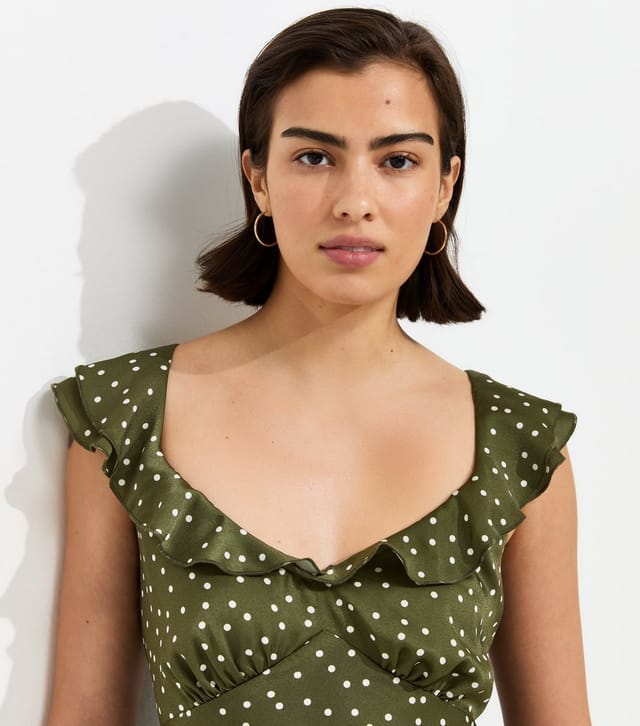 New Look Women's Green Satin Polka Dot Ruffled Strap Mini Dress New Look - 3