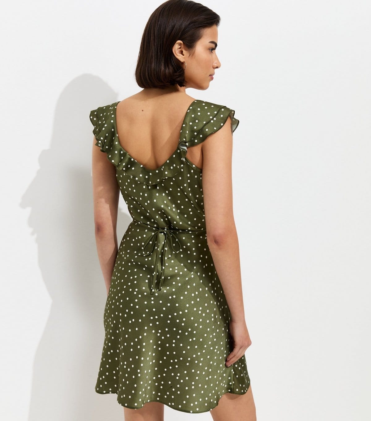 New Look Women's Green Satin Polka Dot Ruffled Strap Mini Dress New Look - 4