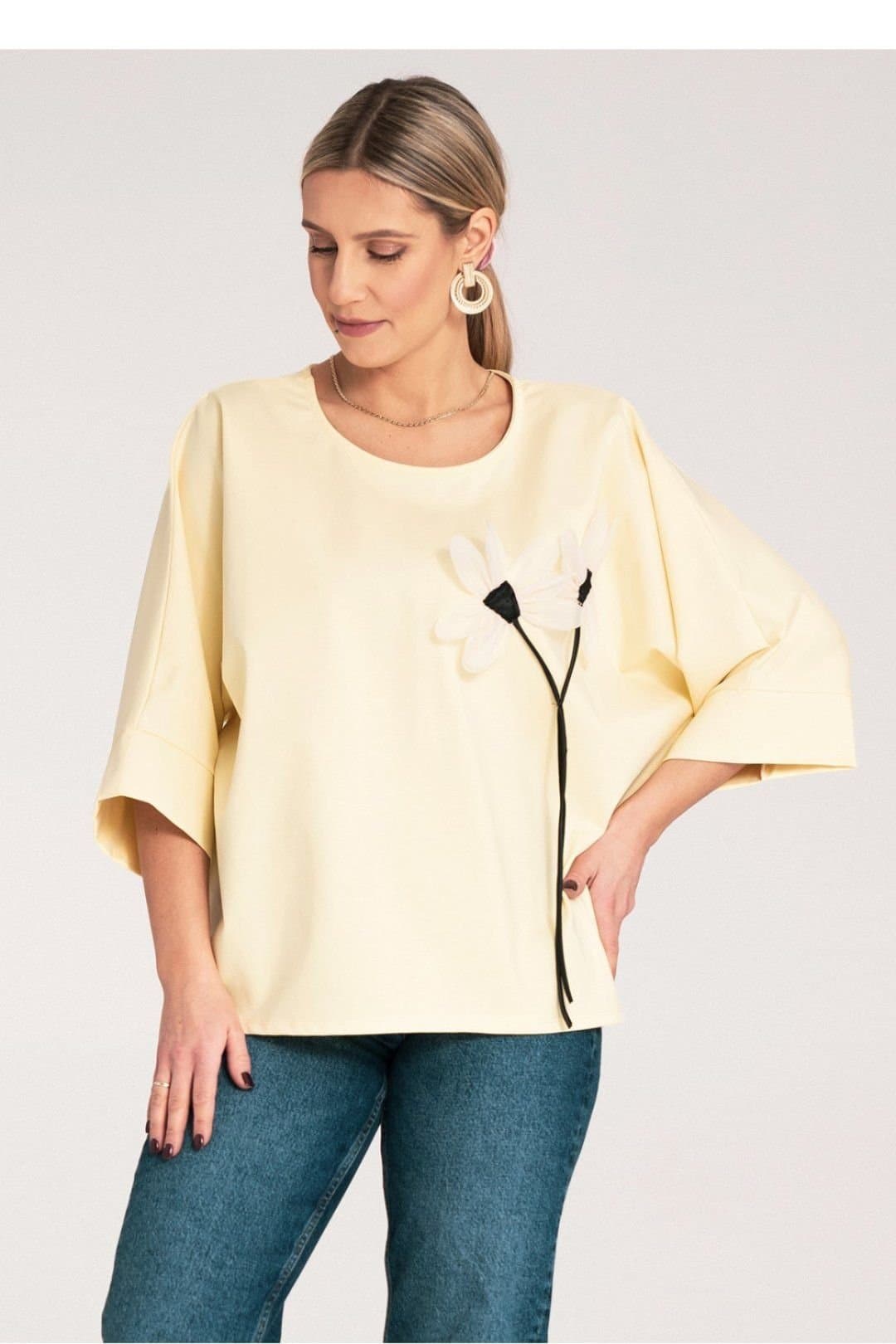 Love Lace Love Lace Yellow Loose Kimono Blouse with Flower Detail