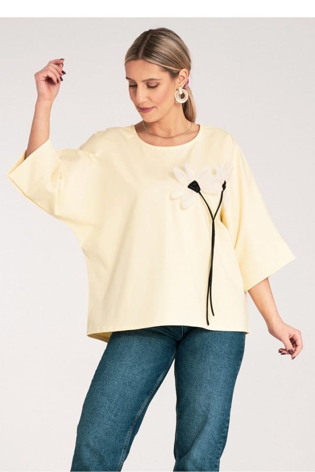 Love Lace Love Lace Women's Loose Kimono Blouse with Flower Chest Detail in Yellow - 2