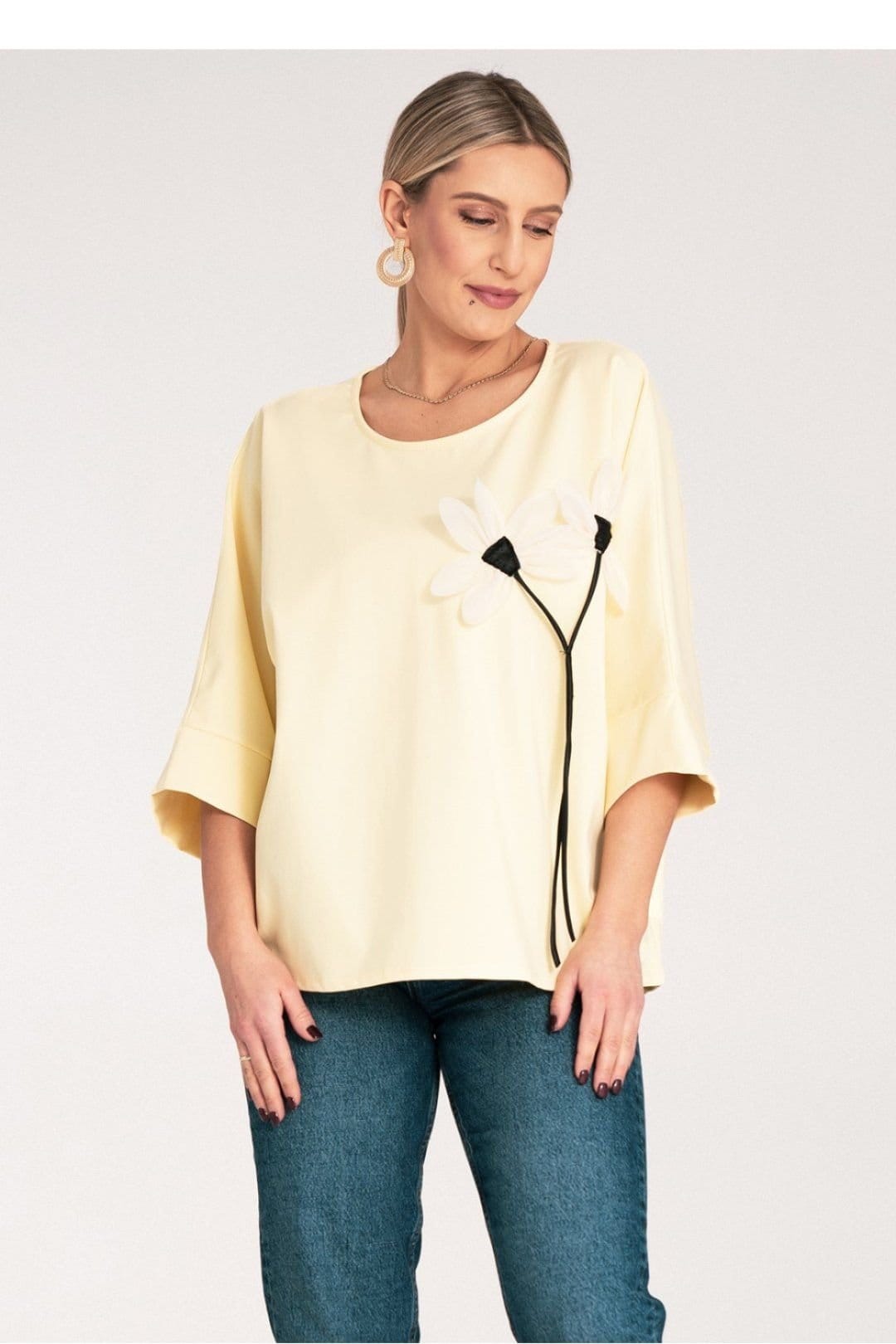Love Lace Love Lace Women's Loose Kimono Blouse with Flower Chest Detail in Yellow - 4