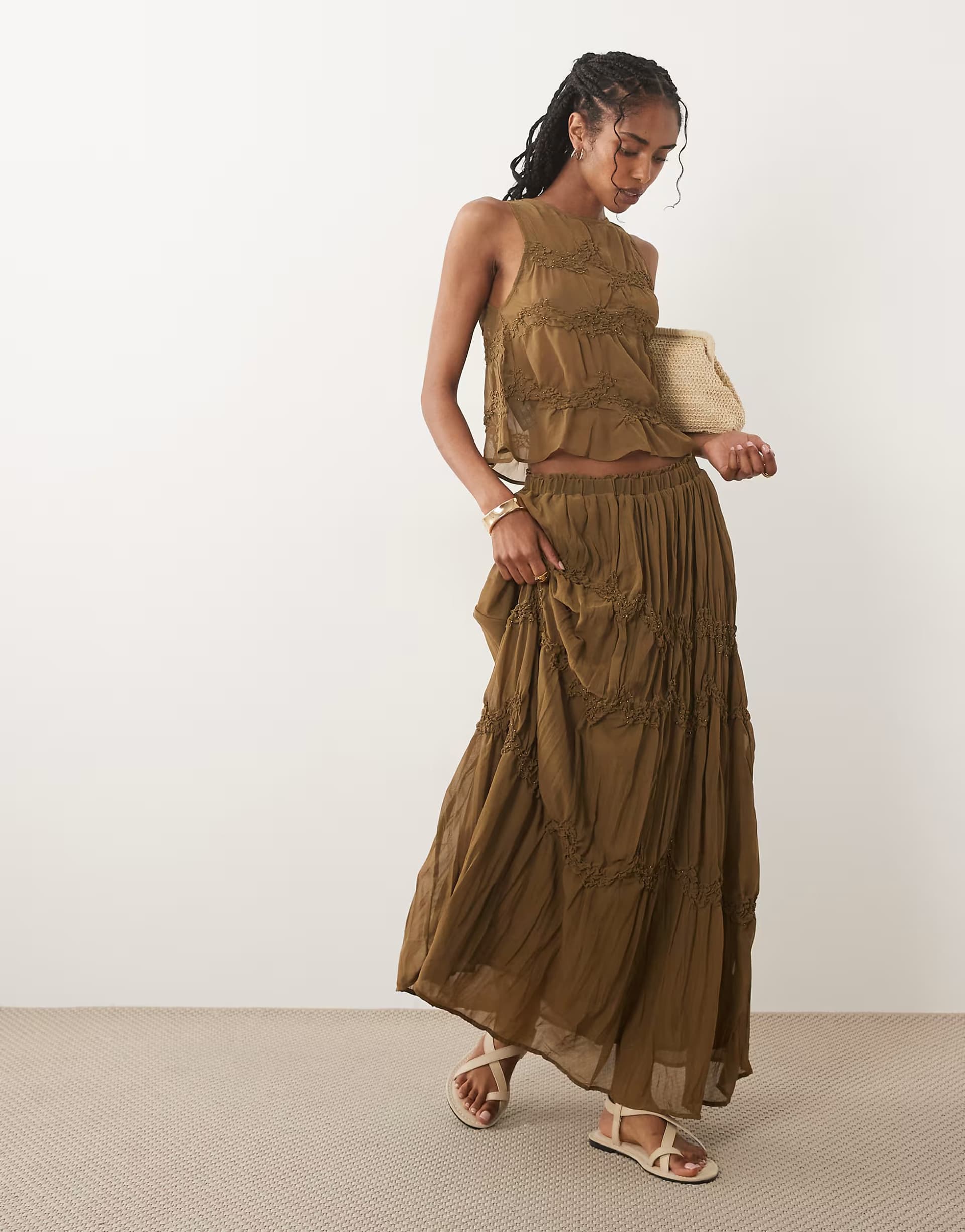 ASOS Mango Snake sleeveless ruched vest & skirt co-ord with beaded detail in brown