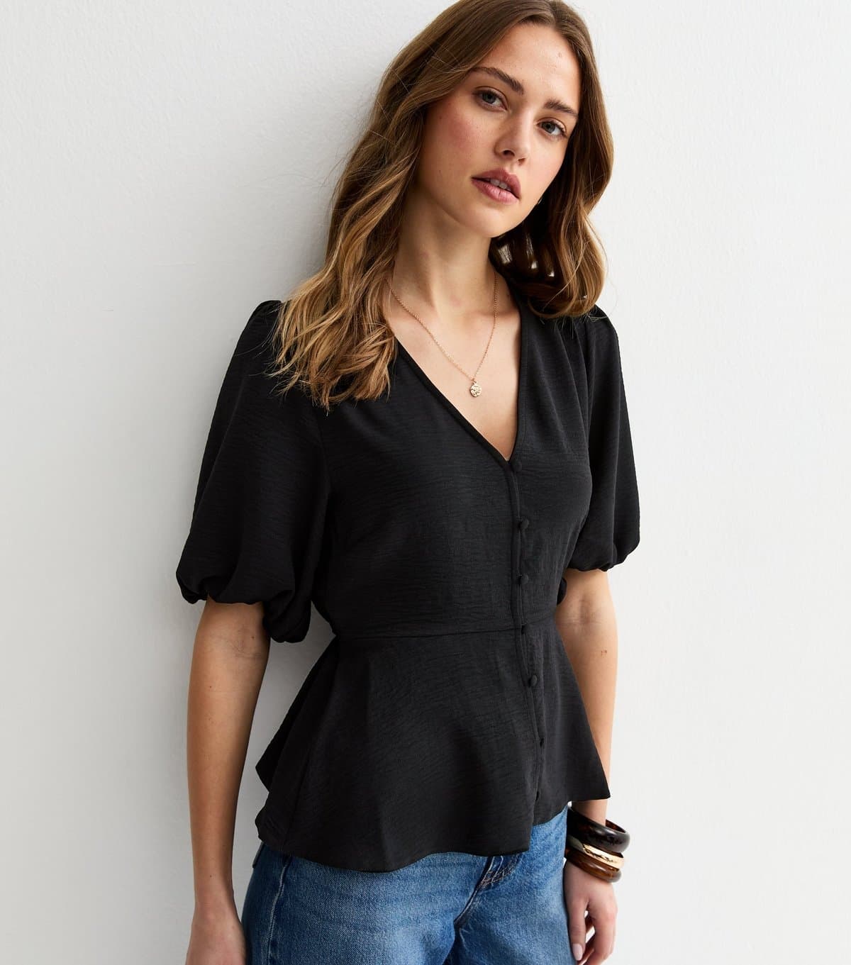 New Look Women's Black Buttoned Puff Sleeve Tea Blouse New Look