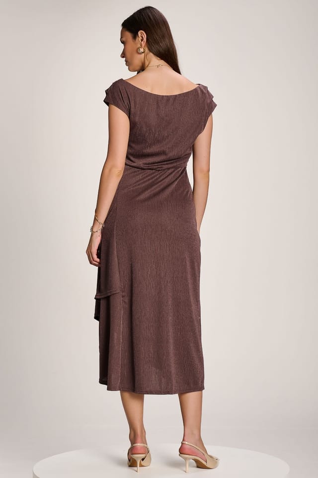 Jolie Moi Jolie Moi Women's Asymmmetric Draped Midi Dress in Brown - 2