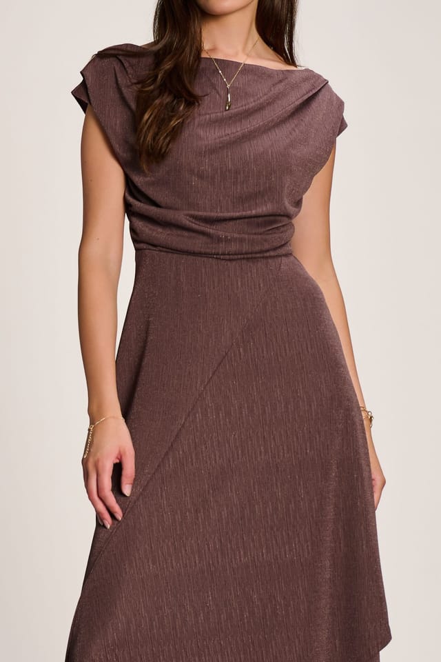 Jolie Moi Jolie Moi Women's Asymmmetric Draped Midi Dress in Brown - 3